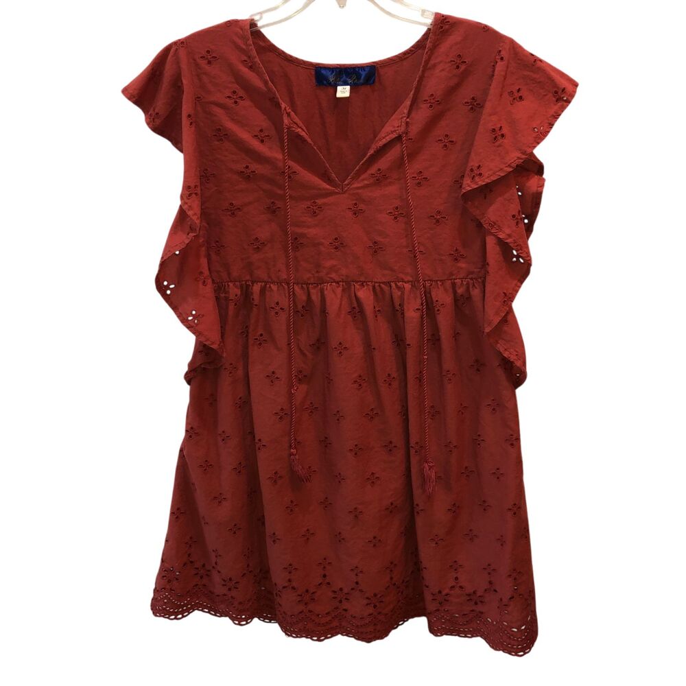 Blue Rain Womens Medium Rust Eyelet Flutter Sleeve Babydoll Mini Dress Size M